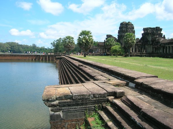 A view along themoat at the front entrance to Angkor Wat