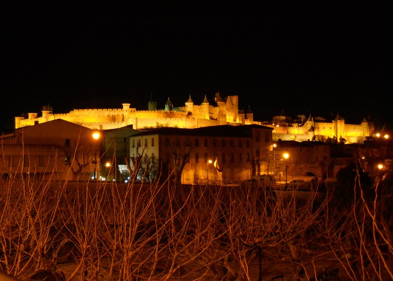 First view of the medieval City of Carcassonne at night