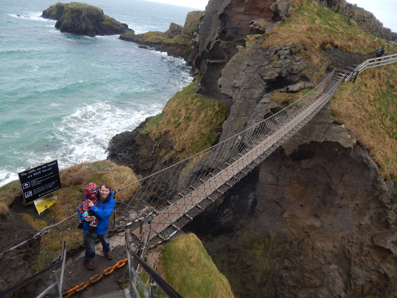Richard and Riley about to cross Carrick-a-Rede rope bridge