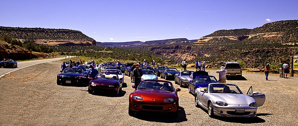 Miatas at overlook on Dolores River