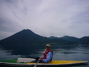 Paddling a kayak in Lake Atitlan