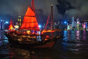 Junk & Hong Kong Skyline At Night