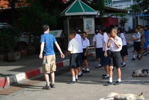 Craig joins morning song and dance at local Bangkok School.