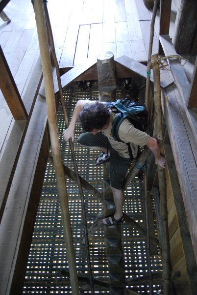 Craig trying to manage the stairs in the Melanau Tall House