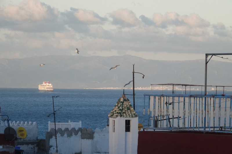 Sunset view of Tarifa from the hostel rooftop terrace.