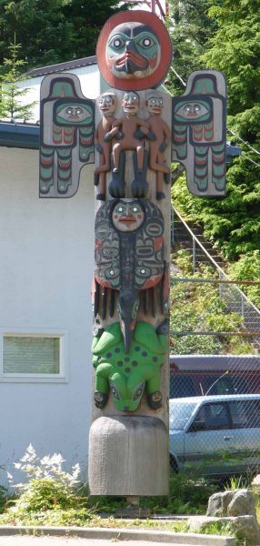 A totem pole in the town