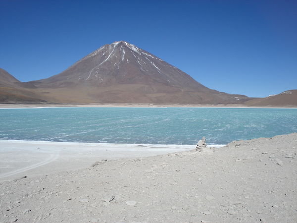 blue lagoon and volcano