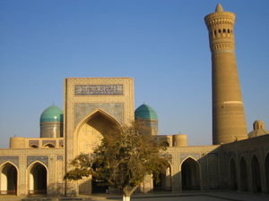 Bukhara - Kalon Minaret and Mosque with Mir-i-Arab Medressa in background