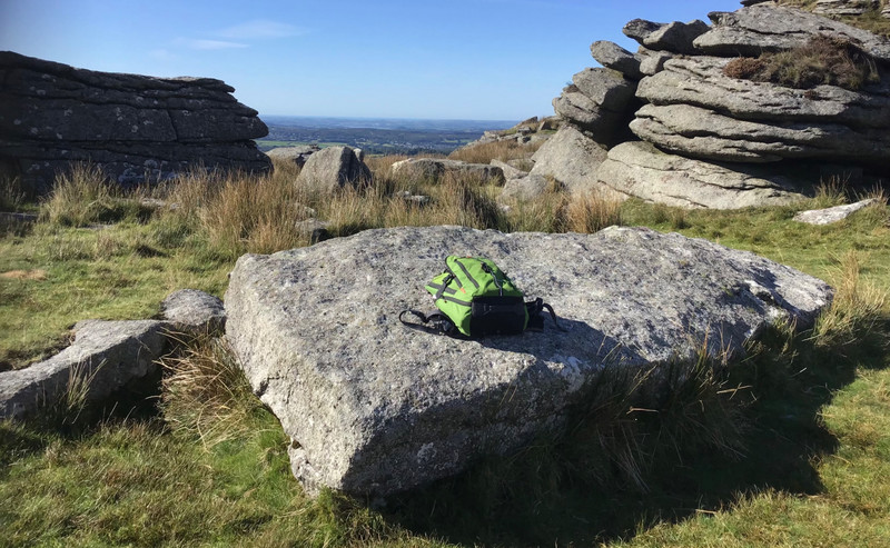 The trusty backpack at King Tor, Dartmoor.