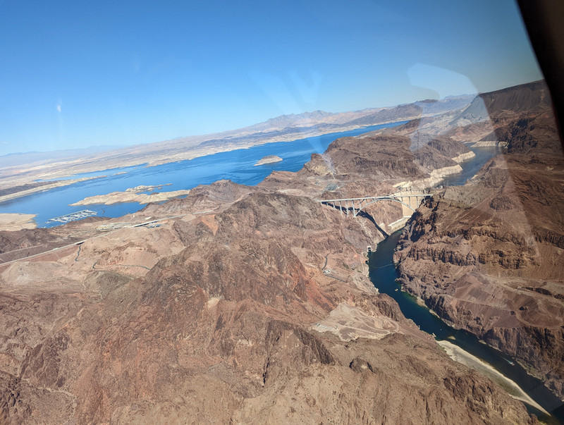 Lake Meade, the Hoover Dam, the bypass bridge, and the Colorado River.
