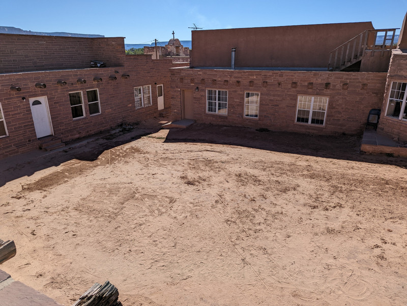 We are standing on the roof of a kiva looking into the plaza where ceremonial dances take place. 
