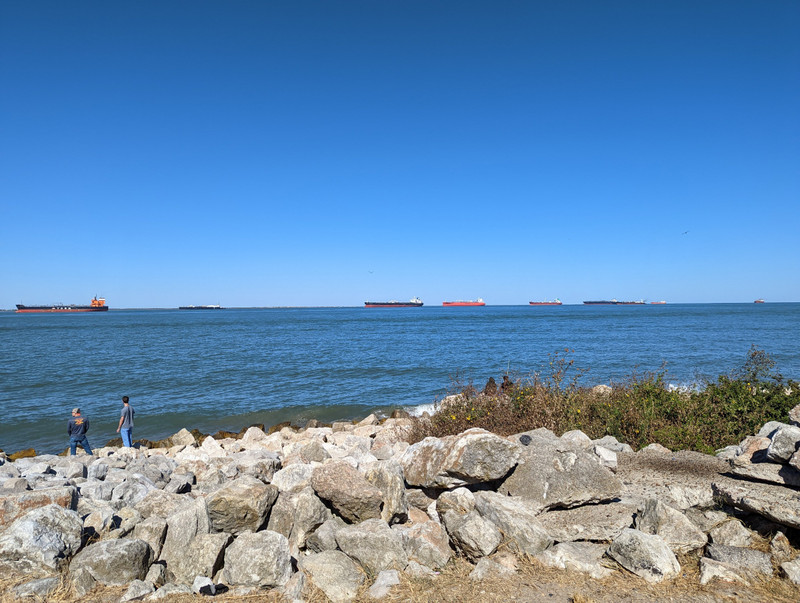 We saw many, many container ships all lined up in this busy seaport.