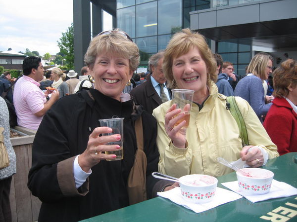 Geri and Pam enjoying Champagne and Strawberries and Cream at Wimbledon