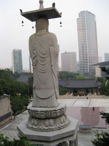 Bongeunsa Buddhist Temple With Seoul Skyline In Background