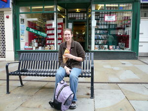 Enjoying a Cornish pastie in front of the bookstore