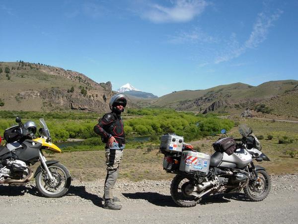 Rider, Bike, Volcan Lanin and Sky