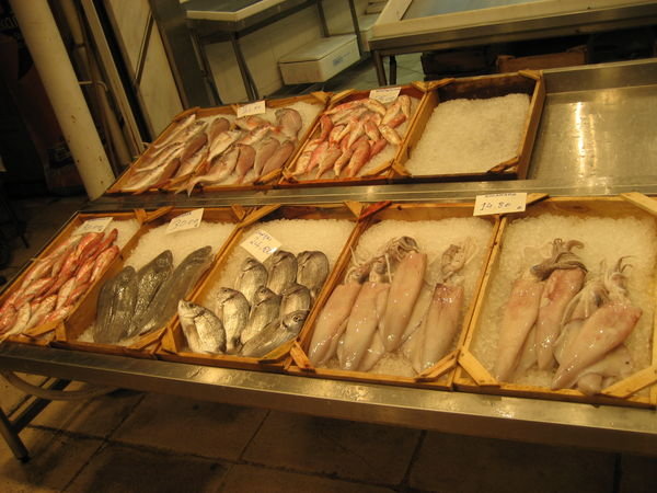 seafood choices at fish market at Rafina, Athens