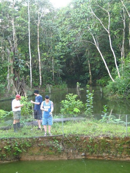 tommy and Sam fishing for Pirahna ,our dinner, in one of Tom's fish farms