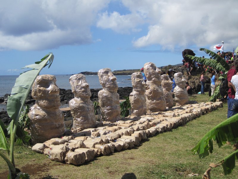 Moai made by the school kids from recycled bottles