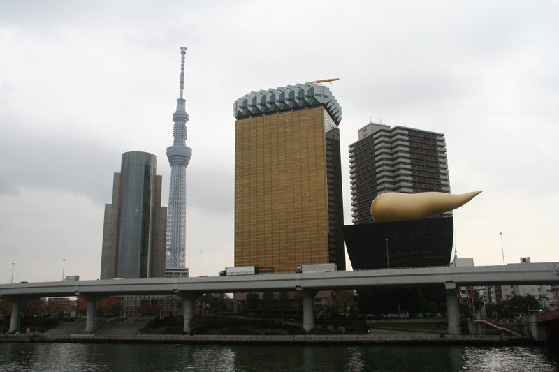 Modern art on top of the Asahi Beer and the Tokyo Skytree
