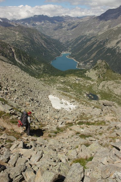 Lago di Ceresole Reale (1582m) as seen descending from Colle della Crocetta (2641m)