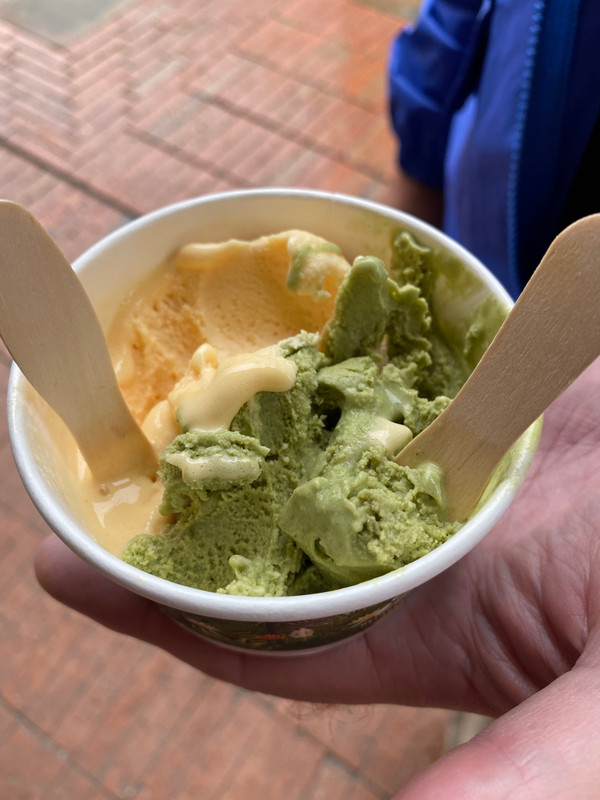 One scoop papaya & one scoop coca leaf ice cream
