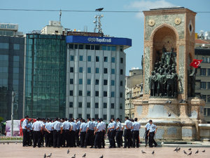 Uniformed Police taking up position in Taksem Square after things had quietened down