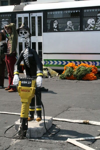 Fireman skeleton, display in the Zocalo, Mexico City