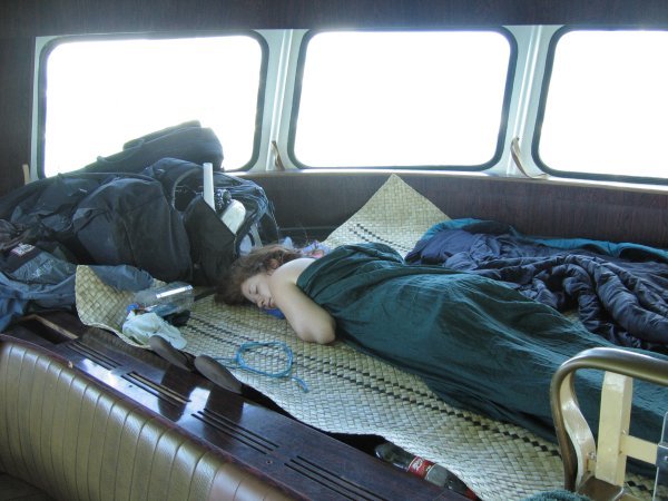 Hayley sleeping fijian style on the cockroach ferry