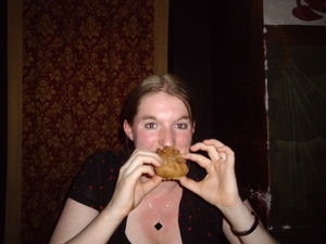 Steph confronts the food at the Olde Hansa