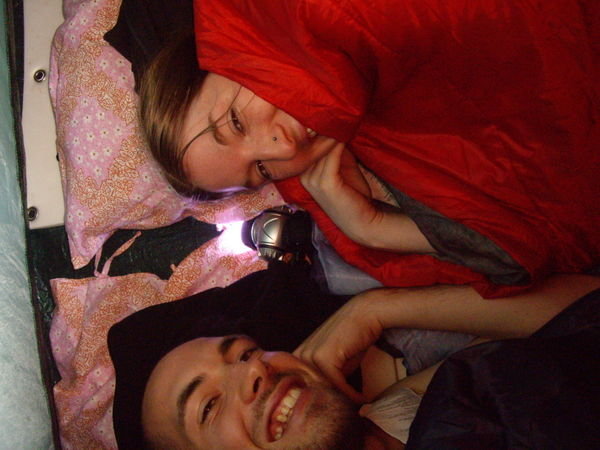 Keeping warm in the tent at Eero's country house