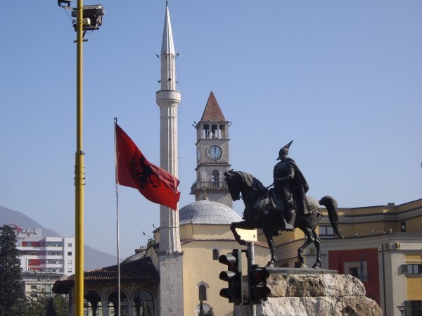 Flag, Mosque, Clock Tower and Equestrian Statue