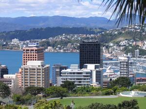 Down to Wellington Harbour. I work in the tall black building... and yes I do have a sea view!