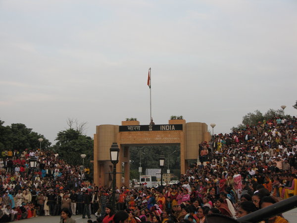 The crowd on the Indian side at the border ceremony