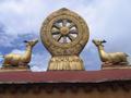 On the roof of the Jokhang, a golden, eight-spoked Dharma Wheel, flanked by two deer.  