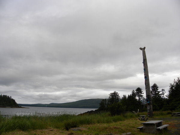 Totem Pole overlooking the inlet by the Heritage Center