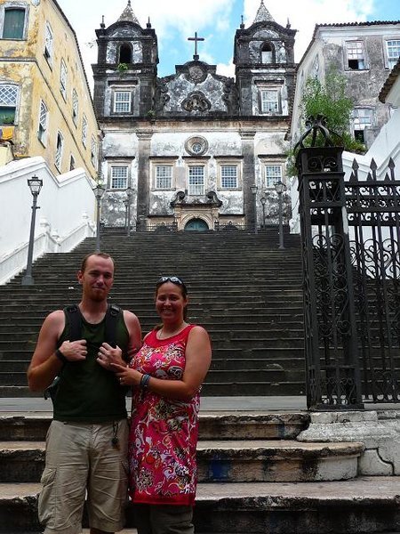 Ammi and Kev in front of an old church