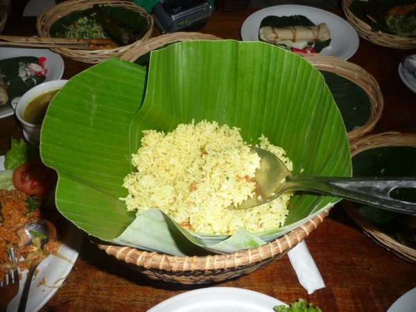 Saffron rice on banana leaves
