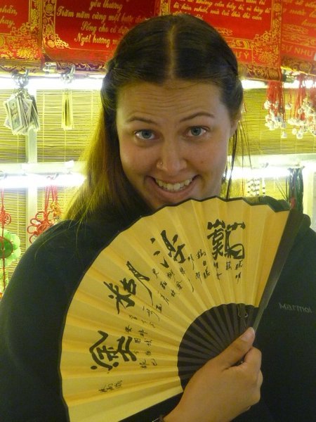 Ammi showing off one of the locally made fans