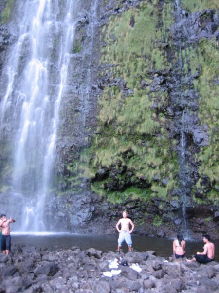 Not daring to swim due to risk of falling rocks at the 130 meter waterfall