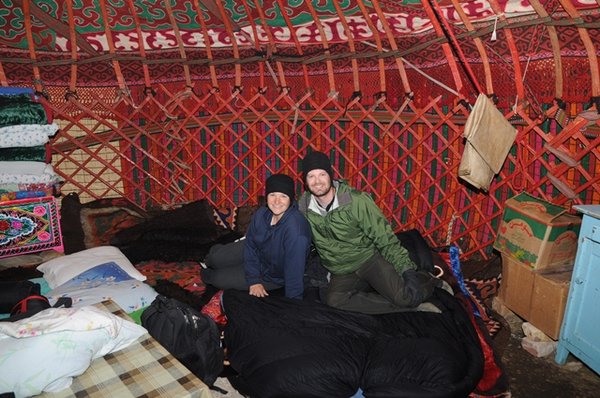 Inside our cozy yurt