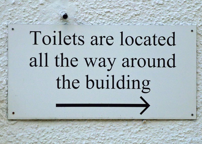 Despite this notice, the toilets are NOT all the way around the building. They are at the FAR END of the building.