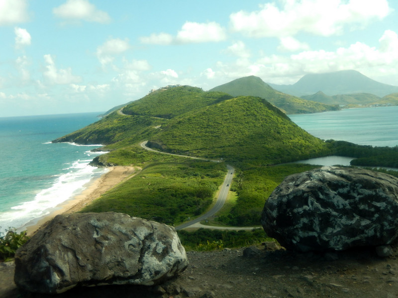Looking south, with Atlantic Ocean on left, Caribbean Sea on right, Nevis in the background.
