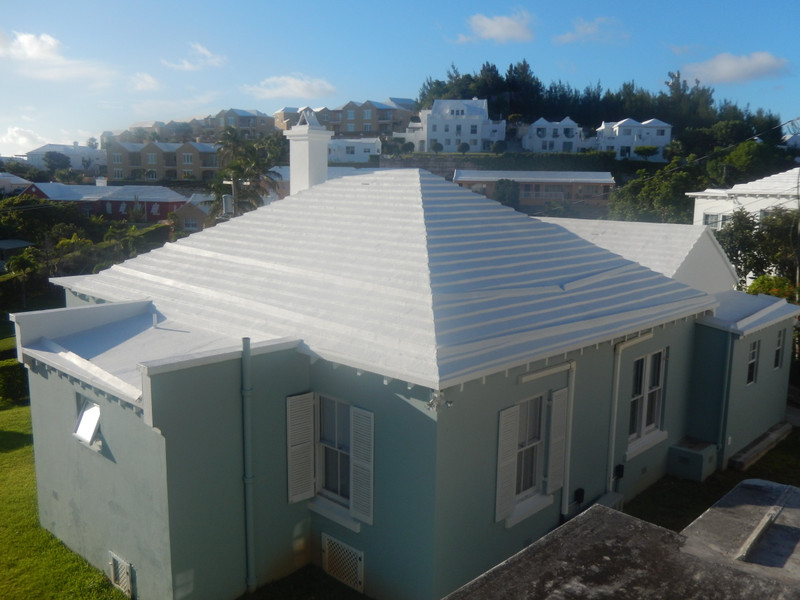 A white limestone roof - note the gutters
