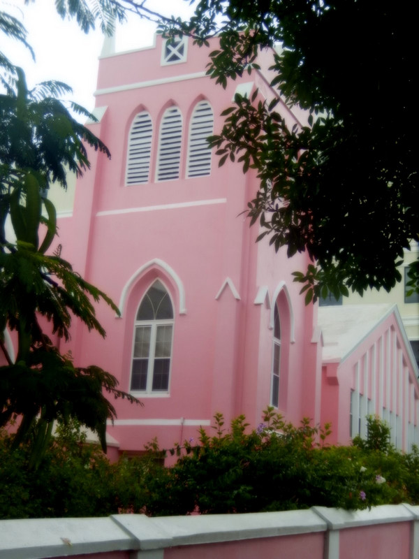 Side tower of the very pink St Andrew's Church in Hamilton