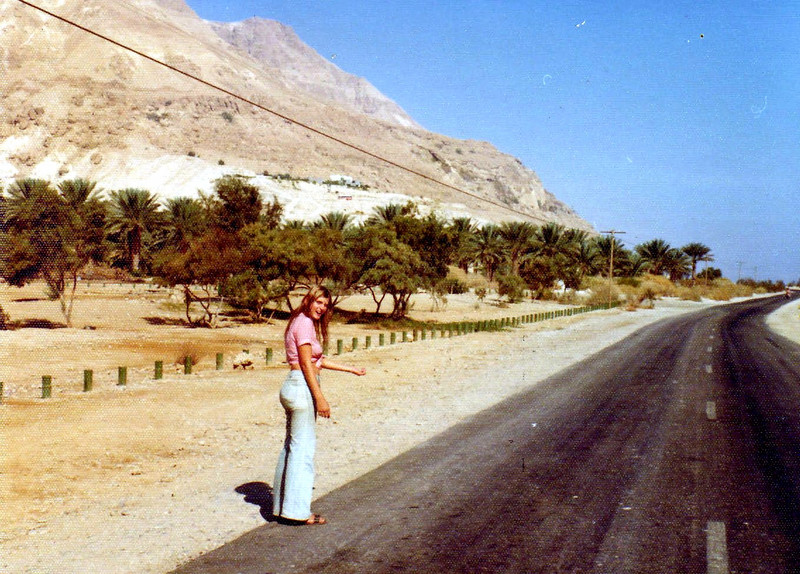 Shirley showing her hitchhiking style at Ein Gedi