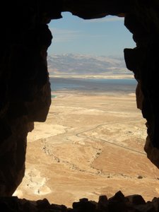 Dead Sea seen from a hole in the Synagogue wall