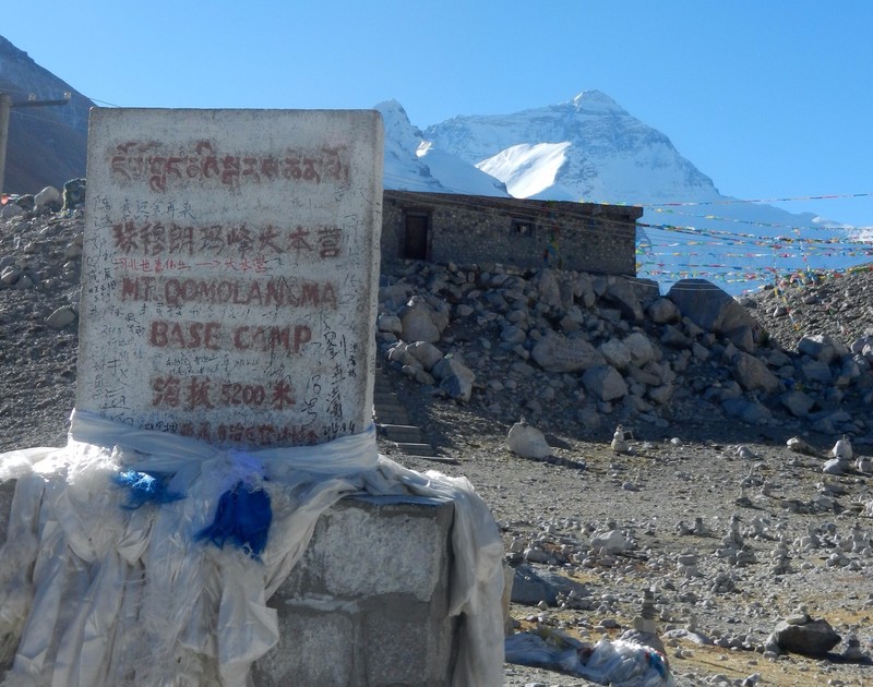 Prayer flags and an altitude marker above Base Camp
