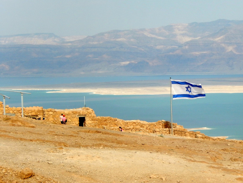 A wall at Masada, with the Dead Sea in the background