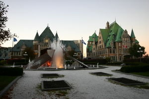 A fountain in front of the railway building